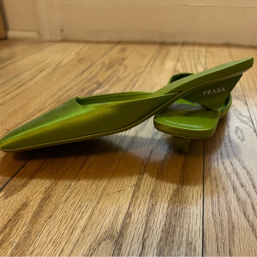 Prada Green Satin Square-Toe Kitten Heel Mules - Picture 5 of 7